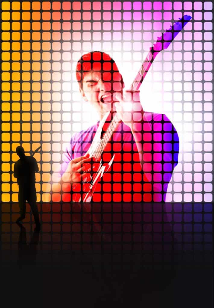 Kid playing guitar aggressively. Lots of square images, type of photo.