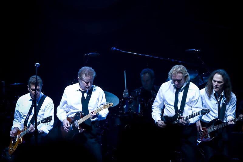 The Eagles band from California. From left to right are: Glenn Frey, Don Henley, Joe Walsh, and Timothy B. Schmit during their Long Road out of Eden Tour in 2008 photo courtesy of Steve Alexander.