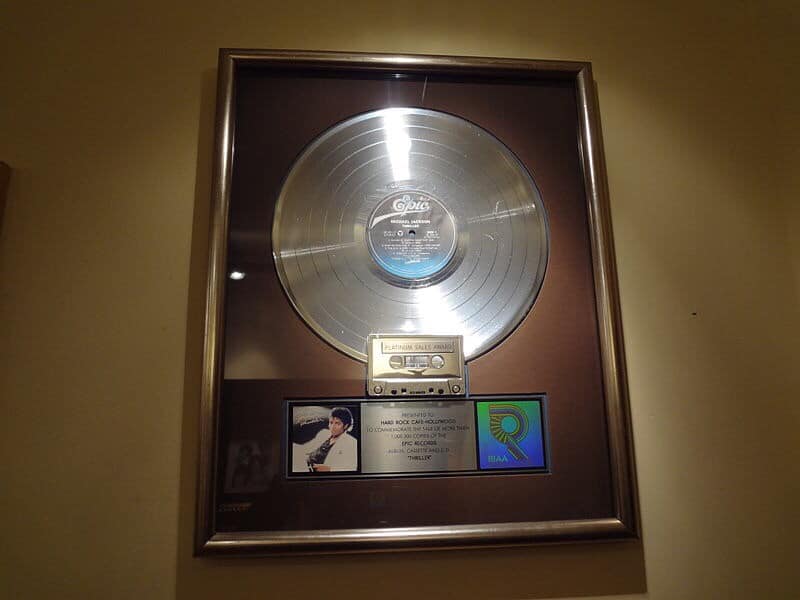 Michael Jackson THRILLER album. Musical plate and tape of michael jackson at Hard Rock Cafe LA California. Photo credit Boris Dzhingarov. commons.m.wikimedia.org