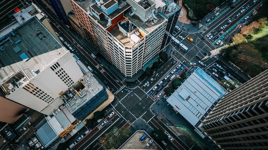 A spectacular birds eye view of the city and buildings, from above.