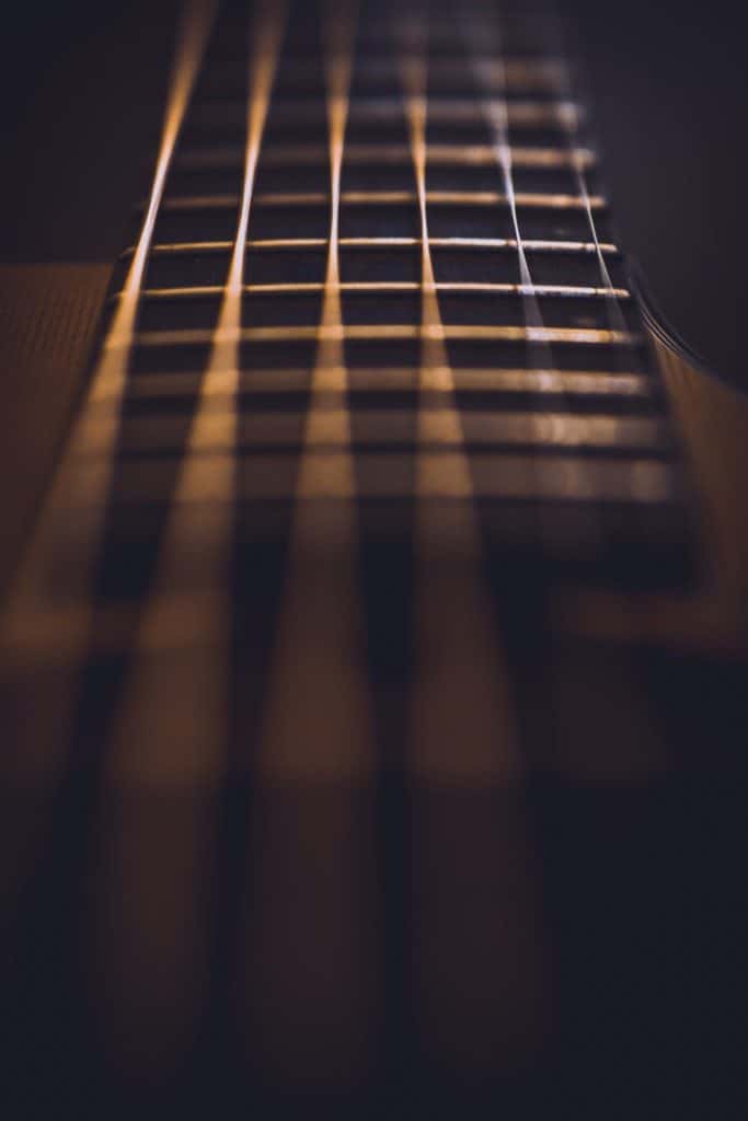 Guitar fretboard turned vertical, point of view.