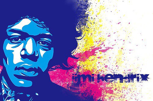 Blue image of Jimi Hendrix, with his name to the right of him, in a very colorful image, with splashes of other colors. Photo courtesy of ozzy5836 from flickr.com