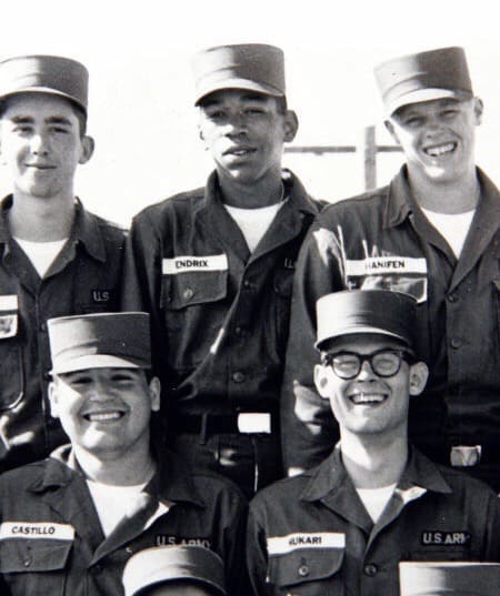 Jimi Hendrix in the Army, with others in the Army before he became famous: Jimi Hendrix, Top, middle of picture.