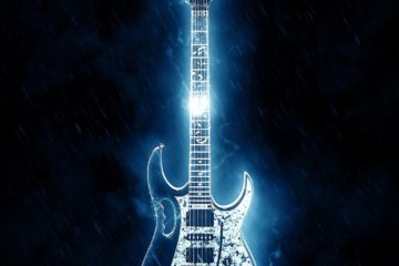 Blue light flashing guitar image, sparkling with lights, looks cool